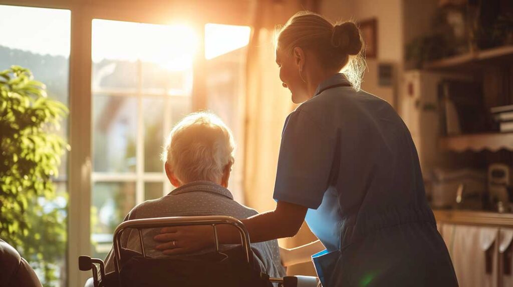 A caregiver assisting an older adult with daily activities inside a home-like communal living area.