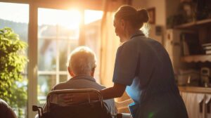 A caregiver assisting an older adult with daily activities inside a home-like communal living area.