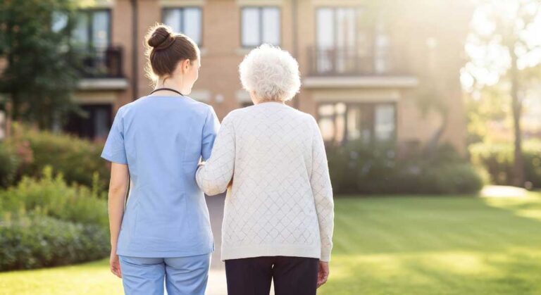 Older resident and caregiver discuss a cultural meal plan beside a quiet prayer space.